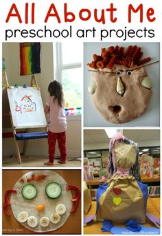 all about me preschool art projects with pictures and text overlay that says, all about me preschool art projects