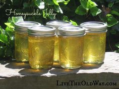 four jars filled with honey sitting on top of a wooden table