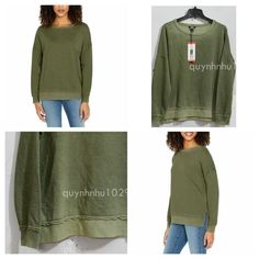 Buffalo Women's Crewneck Pullover In Green Colors: Green (Olive Wood) Relaxed Fit Vintage Wash Soft French Terry Crewneck Hi-Low Hem With Side Slits Ribbed At Neck, Hem And Cuffs Made In Vietnam Content: 60% Cotton | 40% Polyester Midweight Sizing: Sizes: Size Conversion: M = 8-10 | L = 12-14 | Xl = 16 | Xxl = 18 | Trendy Olive Tops For Winter, Olive Long Sleeve Top For Layering, Oversized Olive Crew Neck Top, Olive Crew Neck Sweater For Fall, Oversized Casual Olive Top, Casual Oversized Olive Top, Olive Crew Neck Top For Winter, Casual Olive Sweater For Layering, Green Casual Sweatshirt For Layering