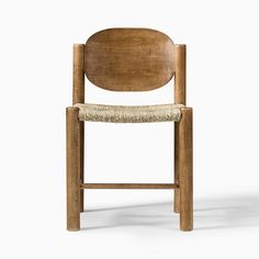 a wooden chair with a woven seat pad on it's back and side, against a white background