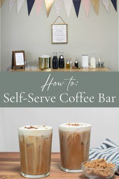 two cups of coffee sitting on top of a wooden table