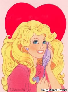 a drawing of a blonde girl talking on a phone with a heart in the background