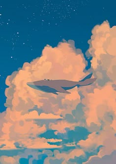 an airplane flying in the sky with clouds and stars above it, as seen from ground level