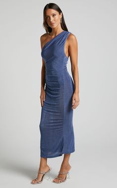 Arietty Midi Dress - One Shoulder Asymmetrical Ruched Dress in Steel Blue Blue Ruched One-shoulder Dress For Night Out, Ruched Blue One-shoulder Dress For Night Out, Blue One-shoulder Ruched Dress For Night Out, One-shoulder Bodycon Dress With Ruched Sides For Party, One Shoulder Bodycon Dress With Ruched Sides For Party, One-shoulder Ruched Bodycon Dress For Parties, Fitted Blue One Shoulder Ruched Dress, Blue One Shoulder Dress With Ruched Asymmetrical Neckline, Fitted Blue One Shoulder Dress With Ruched Detail