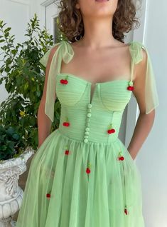 Mint Cherry Dress | Teuta Matoshi Tea Length Prom Dress Tulle, Light Green Hoco Dress, Goddess Prom Dress, Green Hoco Dresses, Tulle Formal Dress, Prom Dress Tulle, Tea Length Prom Dress, Dama Dresses, Green Tulle