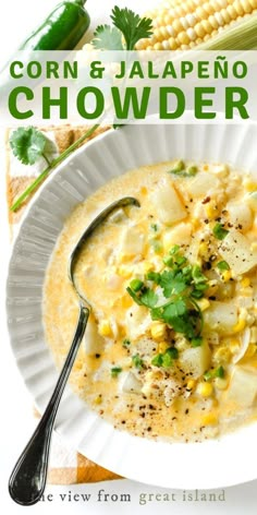 corn and jalapeno chowder in a white bowl