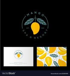 mango logo and business card design templates for your company or brand with leaves on black background