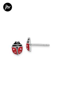 Rhodium over Sterling silver children's multi-color enameled ladybug earrings with polished finish and post back clasps. Measures approximately 5/16"L x 3/16"W. Ladybug Earrings, Bead Stringing, Beads And Wire, Silver Enamel, Jewelry Trends, Metal Jewelry, Post Earrings, Pendant Jewelry, Ring Earrings