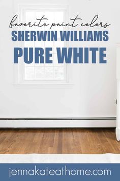 a bedroom with white walls and wood floors, the words sherylin williams pure white are