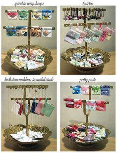 there are four pictures of different items in a basket on the table, and each item has its own flag hanging from it