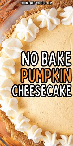 a no bake pumpkin cheesecake in a glass pie plate with the words, no bake pumpkin cheesecake