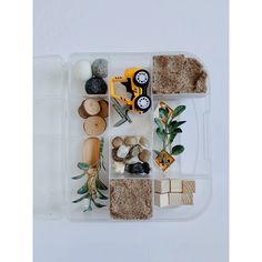 a plastic container filled with lots of different types of rocks and plants on top of a white surface