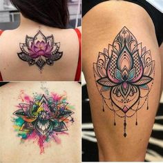 four different tattoos on the back of women's bodies, each with a lotus flower