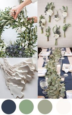 a collage of photos with flowers, greenery and candles on them in different colors