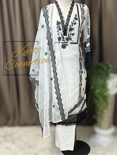 Kurti pant with dupatta  Material: soft organza White Organza Palazzo Set For Party, Elegant Fitted Pant Set With Sheer Dupatta, Elegant Chanderi Pant Set With Chikankari Embroidery, Elegant Organza Straight Kurta Sets, Off White Sets With Chikankari Embroidery For Party, White Organza Palazzo Set For Wedding, Elegant Fitted Pant Set With Dupatta, Elegant Sheer Sets For Festive Season, Elegant Sheer Sets For Festive Occasions