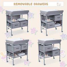 four different views of a changing table with drawers