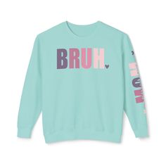 ✨ Elevate your Mother's Day gifting with our custom crewneck sweatshirt, featuring the playful message "Bruh" on the front and "Formerly known as Mom" on the sleeve. 💫 Made with soft, ring-spun cotton fabric and 100% cotton threads, this sweatshirt offers unbeatable softness and comfort. 🌱 Printed with OEKO-TEX-certified low-impact dyes, it's not only stylish but also environmentally friendly. 🔄 Featuring a rolled forward shoulder for a modern fit and printed with attention to detail, this sw Blue Crew Neck Sweatshirt With Slogan, Green Long Sleeve Sweatshirt With Lettering, Crew Neck Sweatshirt With Screen Print For Loungewear, Green Crew Neck Sweatshirt With Lettering, Blue Crew Neck Sweatshirt With Lettering, Crew Neck Sweatshirt With Lettering For Loungewear, Relaxed Fit Crew Sweatshirt With Lettering, Relaxed Fit Sweatshirt With Lettering, Relaxed Fit Crew Sweater With Lettering