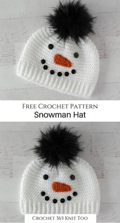 two crocheted snowman hats with black pom - poms on them