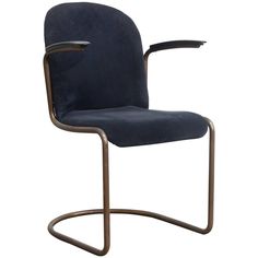 an office chair with a metal frame and blue fabric upholstered seat, viewed from the front