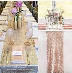 an image of a table setting with pink flowers and gold sequins on it