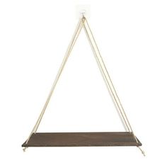 a wooden shelf with rope hanging from the top and two hooks on each side, against a white background