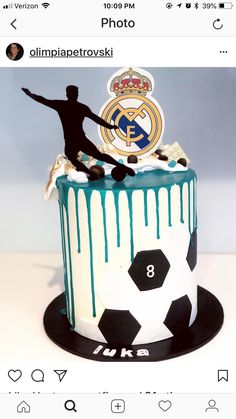 there is a cake with a soccer theme on it