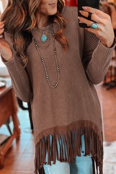 Olivia Mark - Fringed Knit Coffee Top in Relaxed Fit Trendy Brown Knit Top For Layering, Knit Top With Fringe For Fall, Knit Fringe Top For Fall, Fall Knit Tops With Fringe, Brown Soft Knit Top For Layering, Spring Brown Knit Top, Brown Soft Knit Top For Fall, Soft Knit Brown Top For Fall, Brown Ribbed Knit Top