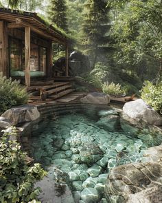 a small cabin in the middle of a forest next to a pool with clear water