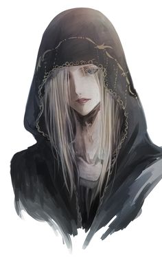 a drawing of a woman with white hair wearing a black hoodie and chain around her neck