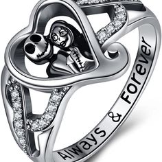 The Nightmare Before Christmas - Jack Skellington And Sally Love Heart Ring. Beautiful Ring That Celebrates Your Everlasting Love. * Sparkling 1/4 Cttw Simulated White Diamonds * Custom Laser Engraved With “Always And Forever” * Hallmark Stamped Fine 925 Sterling Silver * 18k White Gold Plated Approximate Measurements. Skeleton Ring, Jewelry Skull, Jack And Sally, Skull Jewelry, Jewelry Birthday, Disney Jewelry, Christmas Gifts For Women, Silver Pieces