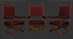 three wooden chairs with red upholstered seats and arms, all facing different directions