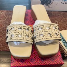 Tory Burch Basketweave Clogs In New Cream, Size 9,Bnib,Msrp$298 Includes Dustbag Smoke Free Home Casual Open Toe Woven Leather Clogs, Vacation Clogs With Woven Sole And Round Toe, Woven Sole Round Toe Clogs For Vacation, Spring Woven Leather Open Toe Clogs, Synthetic Slip-on Clogs With Woven Sole, Leather Clogs With Wooden Heel For Vacation, Synthetic Clogs With Woven Sole And Round Toe, Tory Burch Shoes, Mule Clogs