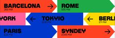 a colorful poster with arrows pointing in different directions and the words barcelona, barcelona, tokyo, paris