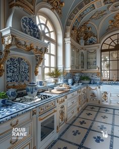 an ornate kitchen with blue and white tiles on the floor, gold trimmings