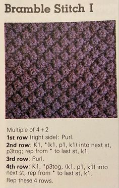 the crochet pattern is shown in purple and black, with instructions for how to knit