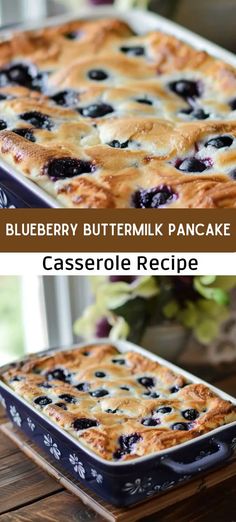 blueberry buttermilk pancake casserole recipe on a wooden table with flowers in the background