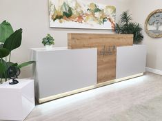 a reception area with two planters and an art piece on the wall