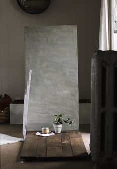 a potted plant sitting on top of a wooden table in front of a mirror