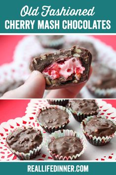 chocolate cupcakes with cherries and whipped cream in the middle are being held up to