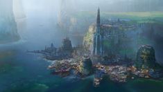 an artist's rendering of a futuristic city surrounded by water