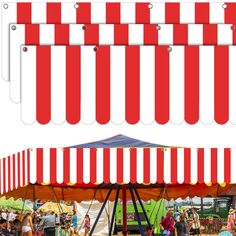 people are standing under red and white striped awnings at an outdoor fairground