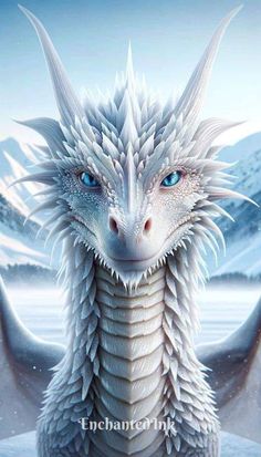 a white dragon with blue eyes sitting on top of snow covered ground in front of mountains