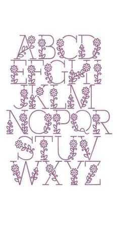 the alphabet is made up of flowers and leaves, with letters that are outlined in purple