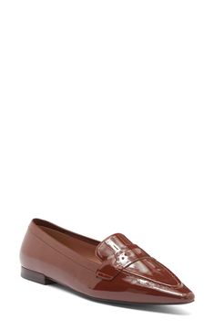 A high-shine patent finish defines a pointed-toe flat that transitions from desk-to-dinner effortlessly. Synthetic upper and lining/rubber sole Imported Pointed Toe Flats, Milk Chocolate, Womens Flats, Chocolate Milk, Flat Shoes Women, Nordstrom Rack, Rubber Sole, Nordstrom, Desk