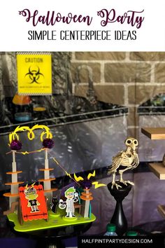 halloween party simple centerpiece ideas with skeleton figurines on display in front of bookshelves