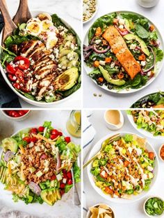 four different pictures of various salads and dressings