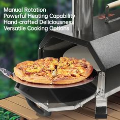 a pizza is being cooked on an outdoor grill with the words manual rotton powerful heating capabilities and hand - crafted deliciousness