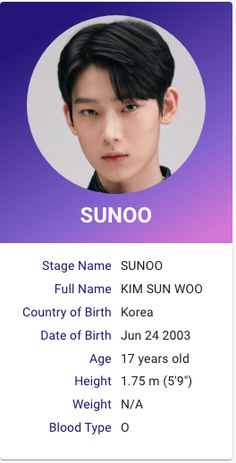 the id card for sunoo is shown in blue and purple tones, with an image of