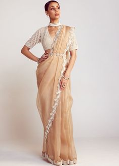 Buy Beige Organza Saree Set With Elbow Sleeved Embellished Blouse by Vvani By Vani Vats at Fabilicious Fashion! Shop made-to-measure Indian wedding wear and jewellery with fast shipping to USA, UK, and Canada. Belt Saree Blouse Design, Unique Saree, Vani Vats, Full Sleeve Blouse, Beige Blouse, Indian Wedding Wear, Georgette Blouse, Embellished Blouse, Organza Saree