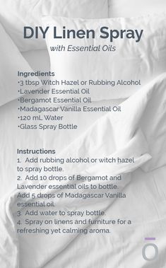 Linen Spray Essential Oils, Diy Linen Spray, Essential Oil Spray Recipes, Help Falling Asleep, Essential Oil Perfumes Recipes, Essential Oil Diffuser Blends Recipes, Essential Oil Spray, Essential Oils Herbs, Comfortable Bed